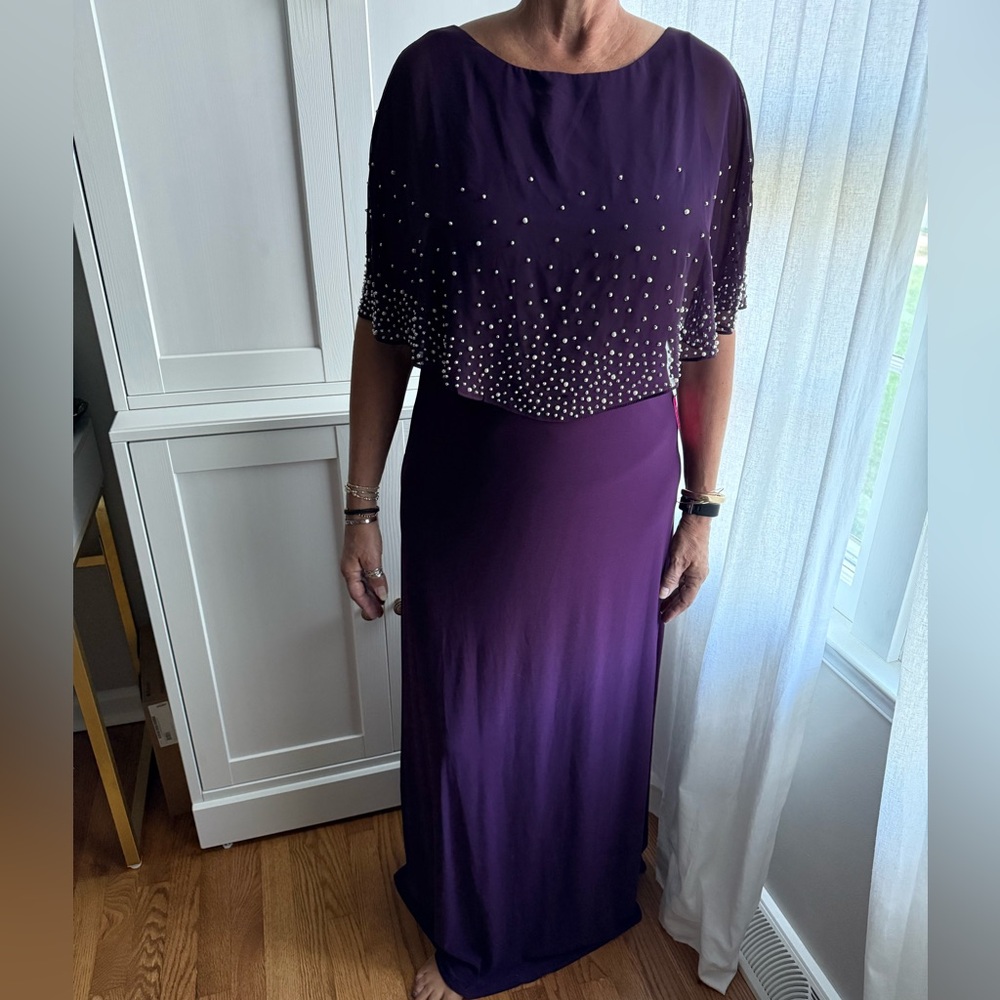 Alex Evenings Deep Purple Plum Beaded Long Cocktail Black Tie dress size 14